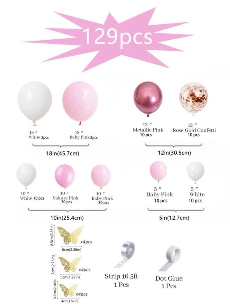Pink Balloon Arch Kit 129pcs Dusty Pink and White Balloon Garland with  Confetti Balloons and Butterfly Stickers for Birthday,Baby Shower