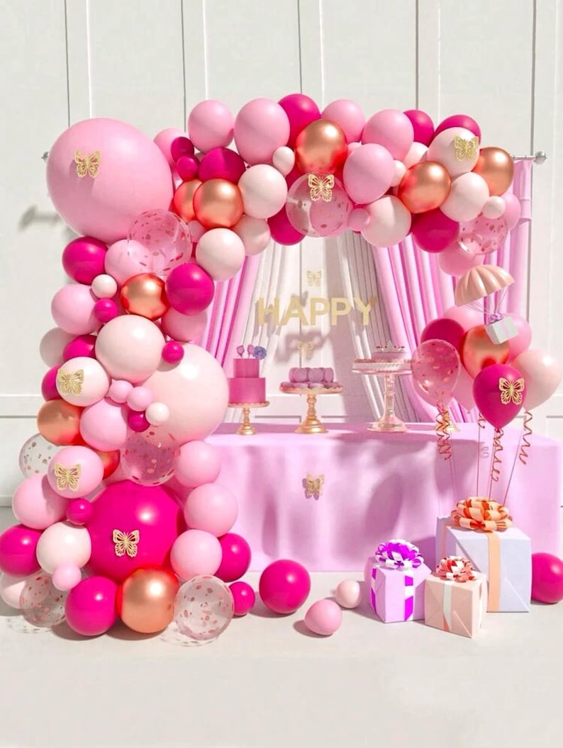 Pink Balloon Garland Arch Kit, Different Sizes 18 12 10 5 inch Hot Pink Latex Metallic Confetti Rose Gold Balloons for Birthday Baby Shower