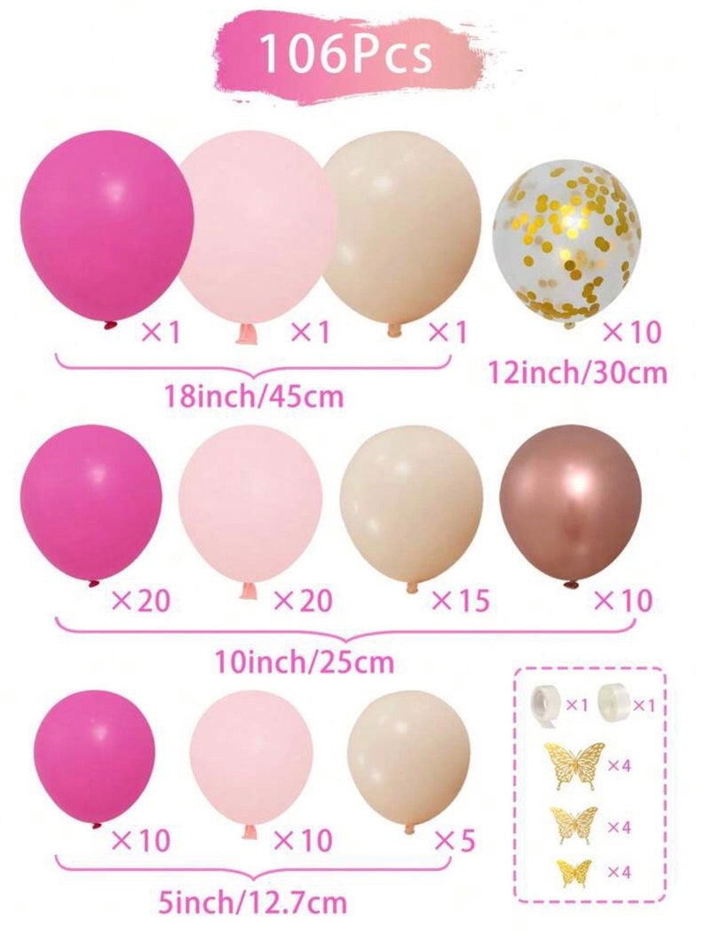 Pink Balloon Garland Arch Kit, Different Sizes 18 12 10 5 inch Hot Pink Latex Metallic Confetti Rose Gold Balloons for Birthday Baby Shower