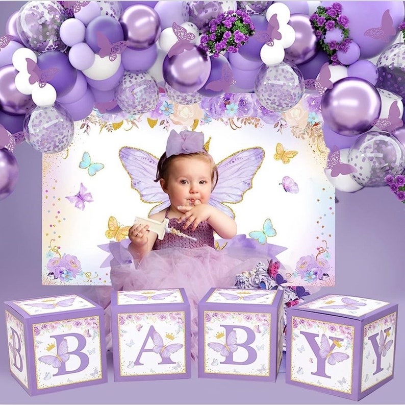 Purple Butterfly Baby Shower Decorations for Girl，Purple Balloon Garland Arch Kit，Purple Butterfly Baby Boxes and Butterfly Backdrop Kit