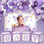 Purple Butterfly Baby Shower Decorations for Girl，Purple Balloon Garland Arch Kit，Purple Butterfly Baby Boxes and Butterfly Backdrop Kit