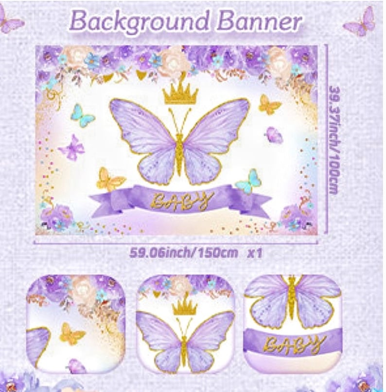 Purple Butterfly Baby Shower Decorations for Girl，Purple Balloon Garland Arch Kit，Purple Butterfly Baby Boxes and Butterfly Backdrop Kit