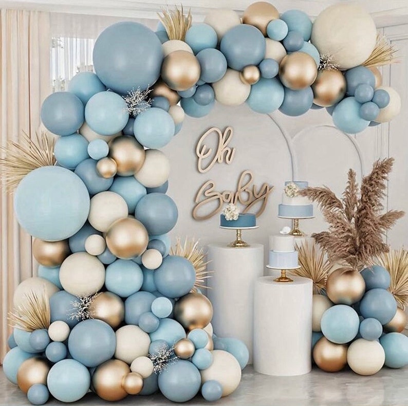 Dusty Baby Blue Balloons Balloon Arch Garland Kit,Sand White Metallic Gold Dusty Slate Fog Baby Blue Balloons for Boy Baby Shower Bridal