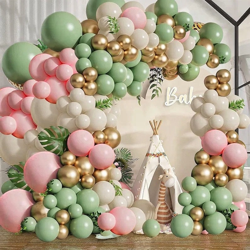 Sage Green Pink Balloons Garland Kit,133pcs Olive Green Blush Pink Sand White Metallic Gold Balloons