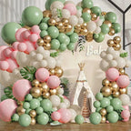Sage Green Pink Balloons Garland Kit,133pcs Olive Green Blush Pink Sand White Metallic Gold Balloons