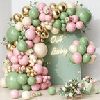 Sage Green Pink Balloons Garland Kit,133pcs Olive Green Blush Pink Sand White Metallic Gold Balloons
