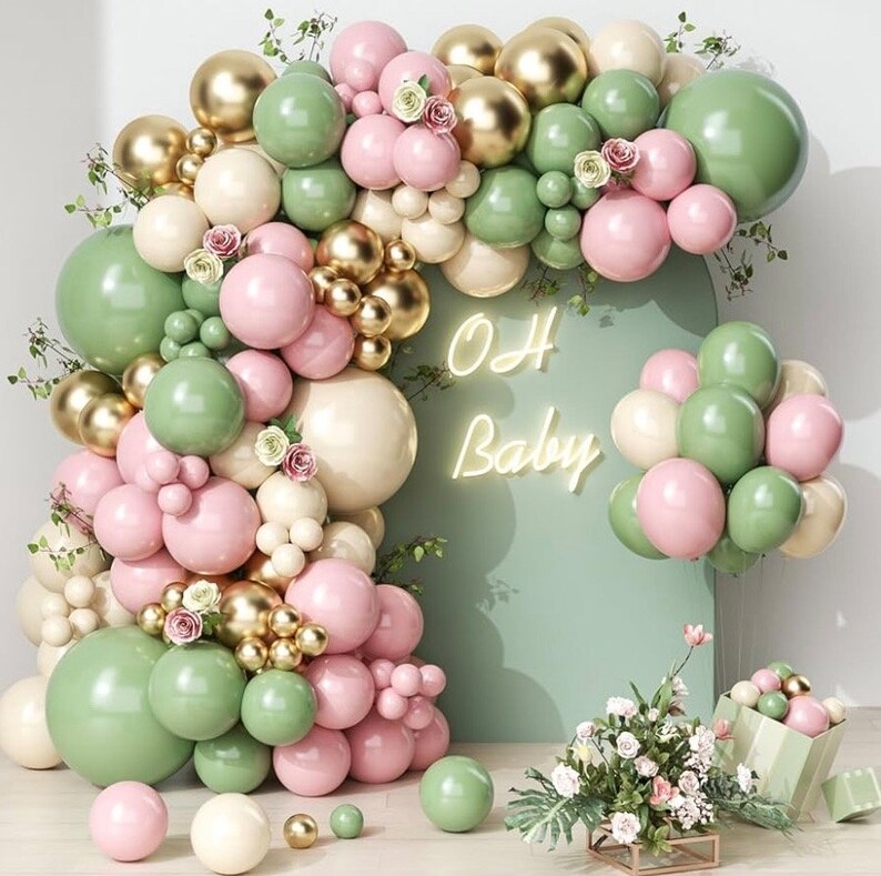 Sage Green Pink Balloons Garland Kit,133pcs Olive Green Blush Pink Sand White Metallic Gold Balloons