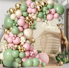Sage Green Pink Balloons Garland Kit,133pcs Olive Green Blush Pink Sand White Metallic Gold Balloons