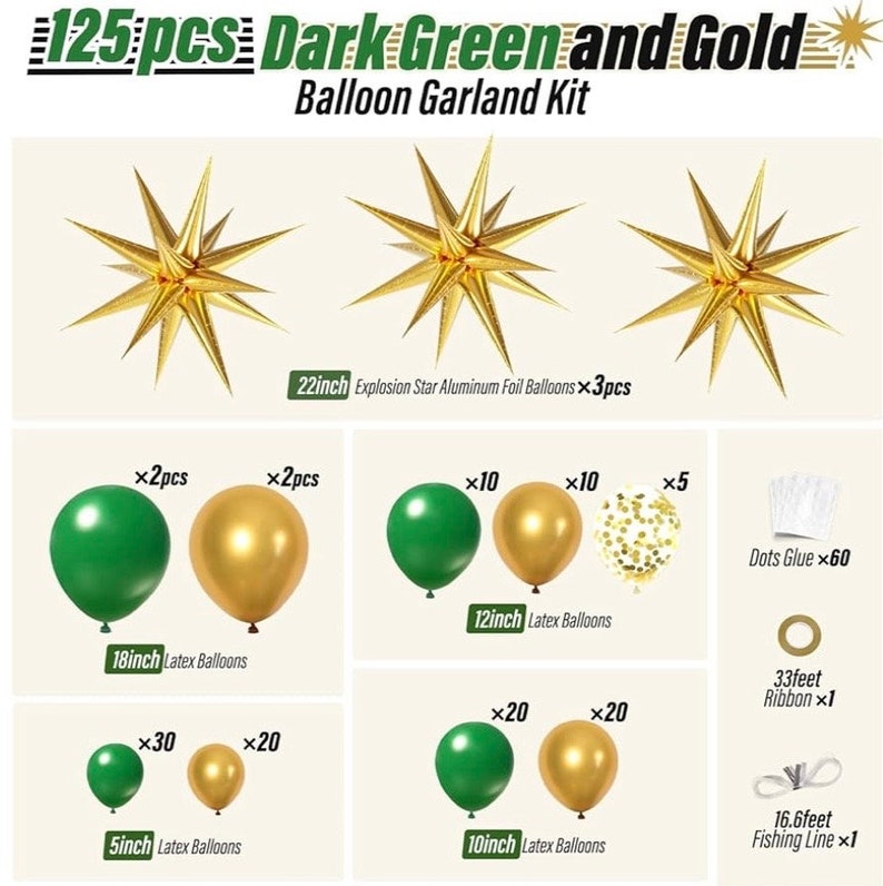 Green and Gold Balloon Garland Arch Kit with 3pcs Starburst Balloon, Emerald Forest Dark Green Balloons Metallic Gold Balloons 125 Pcs