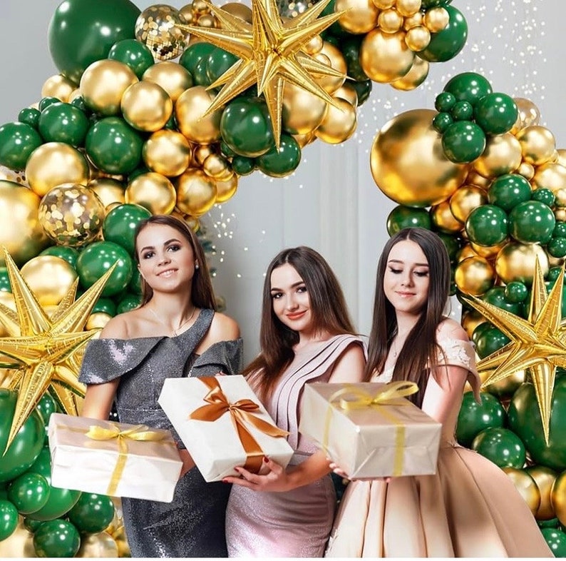 Green and Gold Balloon Garland Arch Kit with 3pcs Starburst Balloon, Emerald Forest Dark Green Balloons Metallic Gold Balloons 125 Pcs