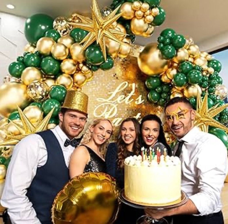 Green and Gold Balloon Garland Arch Kit with 3pcs Starburst Balloon, Emerald Forest Dark Green Balloons Metallic Gold Balloons 125 Pcs