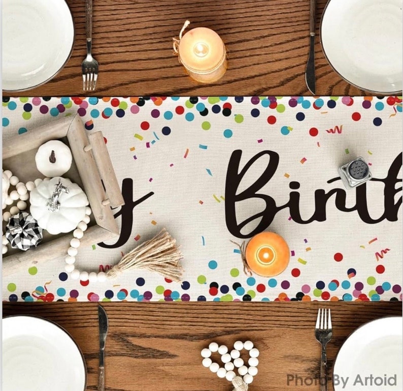 Happy Birthday Table Runner 72 Inches White Table Runner Celebrate Birthday Party Table Decor, White