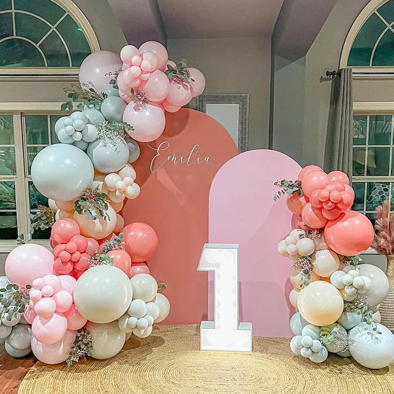 140PCS Dusty Green Pink Balloon Garland Arch Kit Retro Pink Mist Green Blue Haze Ivory Cream White Pastel Pink Balloons