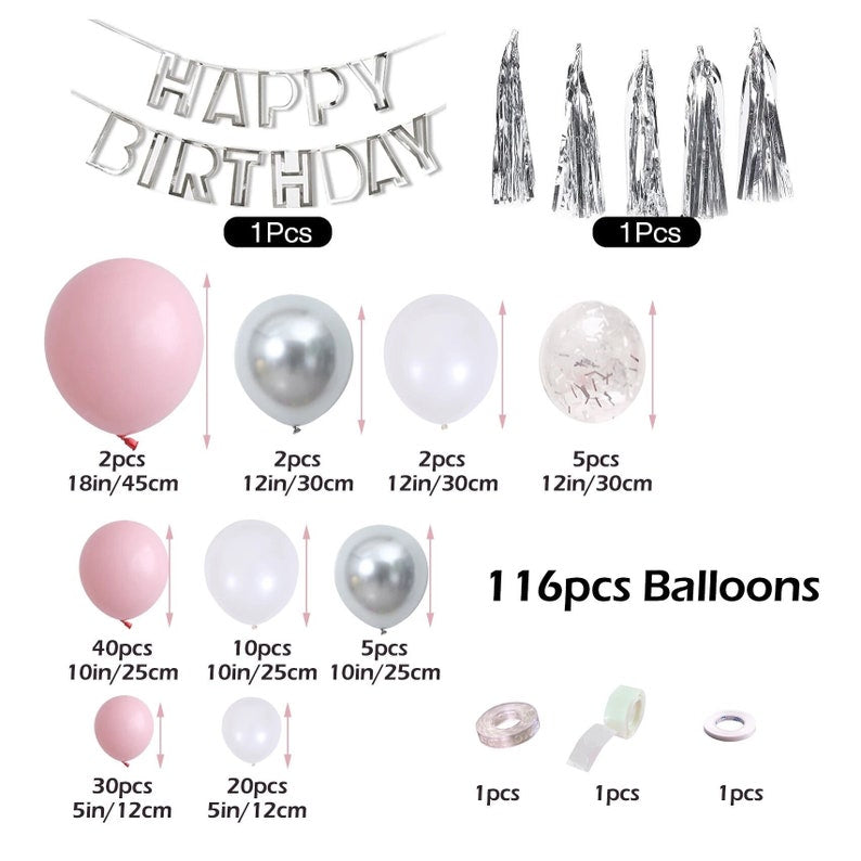 Pink and White Balloon Arch Kit  116 pcs Pink Balloon Garland Kit Happy Birthday Banners, Silver Confetti Baby Pink Balloons,Hanging Swirls