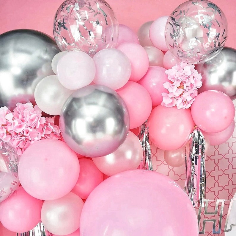 Pink and White Balloon Arch Kit  116 pcs Pink Balloon Garland Kit Happy Birthday Banners, Silver Confetti Baby Pink Balloons,Hanging Swirls