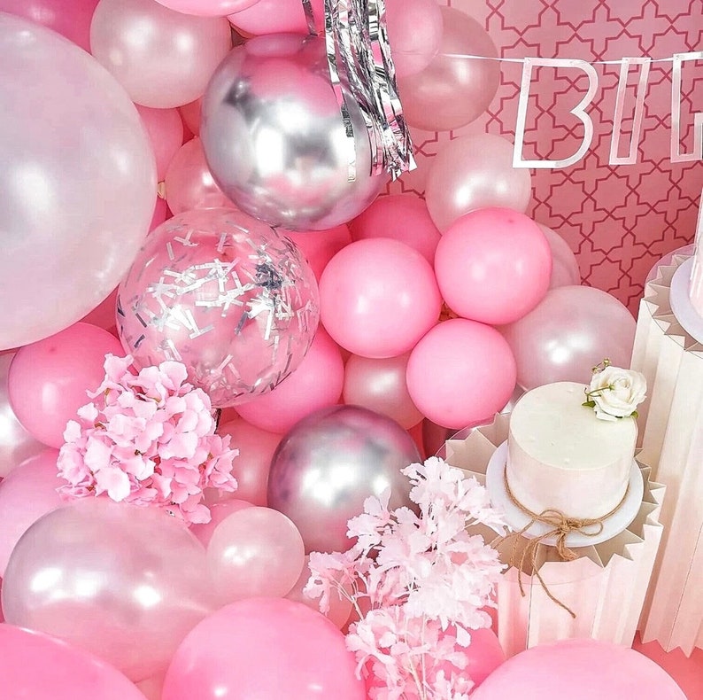 Pink and White Balloon Arch Kit  116 pcs Pink Balloon Garland Kit Happy Birthday Banners, Silver Confetti Baby Pink Balloons,Hanging Swirls