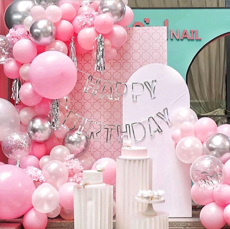 Pink and White Balloon Arch Kit  116 pcs Pink Balloon Garland Kit Happy Birthday Banners, Silver Confetti Baby Pink Balloons,Hanging Swirls