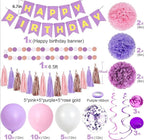 Purple Pink Party Decorations for Women Girls With Happy Birthday Banner, Hanging Swirls, Tissue Paper Pompoms, Circle Dots Garland…