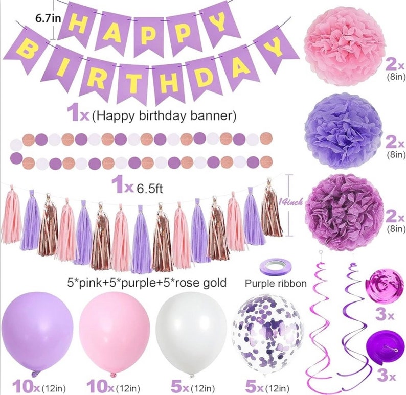 Purple Pink Party Decorations for Women Girls With Happy Birthday Banner, Hanging Swirls, Tissue Paper Pompoms, Circle Dots Garland…