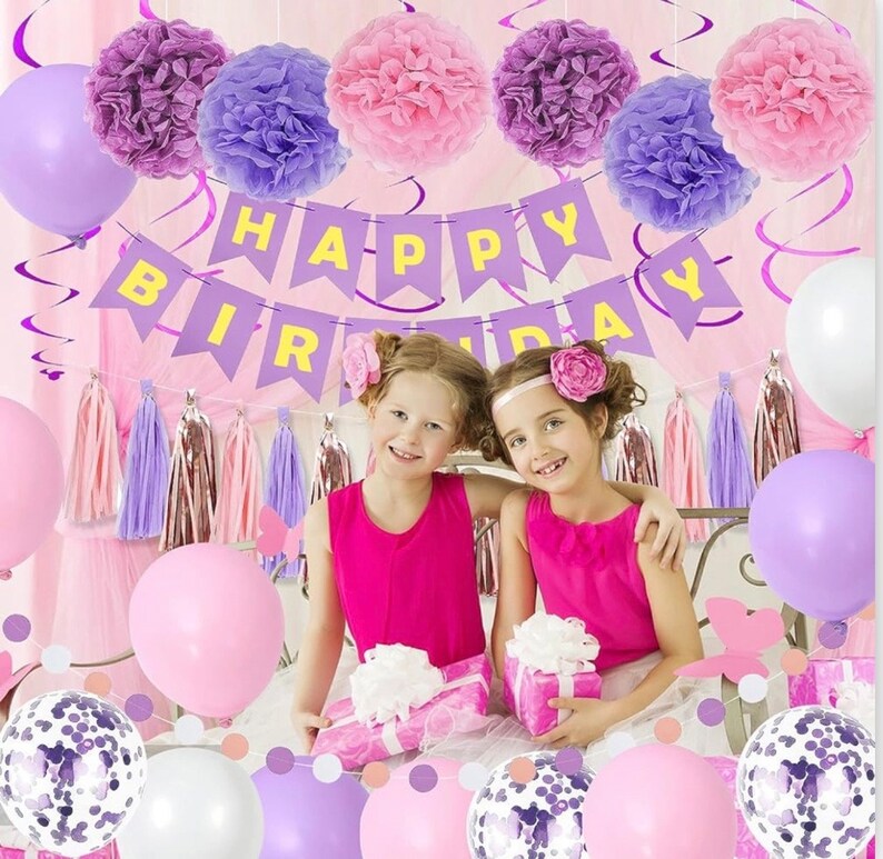 Purple Pink Party Decorations for Women Girls With Happy Birthday Banner, Hanging Swirls, Tissue Paper Pompoms, Circle Dots Garland…