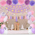 Purple Pink Party Decorations for Women Girls With Happy Birthday Banner, Hanging Swirls, Tissue Paper Pompoms, Circle Dots Garland…