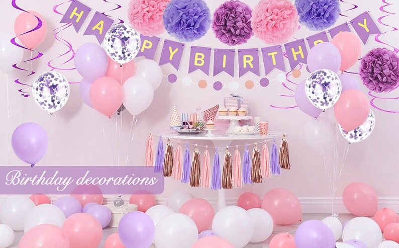Purple Pink Party Decorations for Women Girls With Happy Birthday Banner, Hanging Swirls, Tissue Paper Pompoms, Circle Dots Garland…