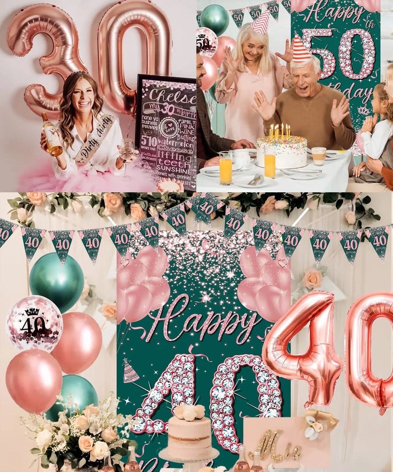 40th Birthday Party Decorations  Rose Gold Green Happy 40th Birthday Banner and  40th Birthday Balloons for 40th Party Supplies 28 Pcs