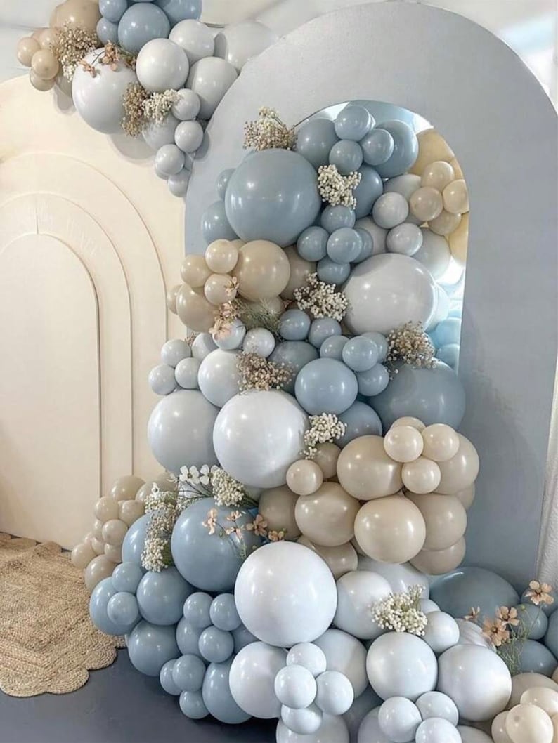 Dusty Blue Balloon Garland Kit - 145pcs Blue Balloon Arch kit with Dusty Blue, Baby Blue, Sand White, White Balloons Perfect for Baby Shower