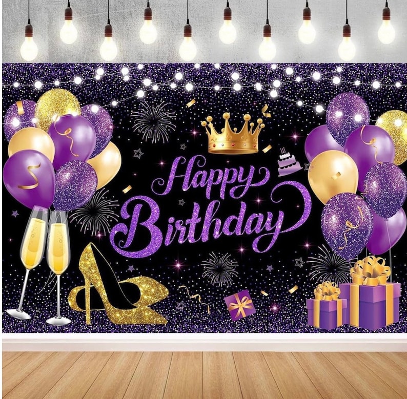 180x120 cm Glitter Purple Golden Happy Birthday Party Backdrops Cloth 71x47 inch Photography Bday Backgrounds Black Purple Gold Happy Bday