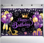 180x120 cm Glitter Purple Golden Happy Birthday Party Backdrops Cloth 71x47 inch Photography Bday Backgrounds Black Purple Gold Happy Bday