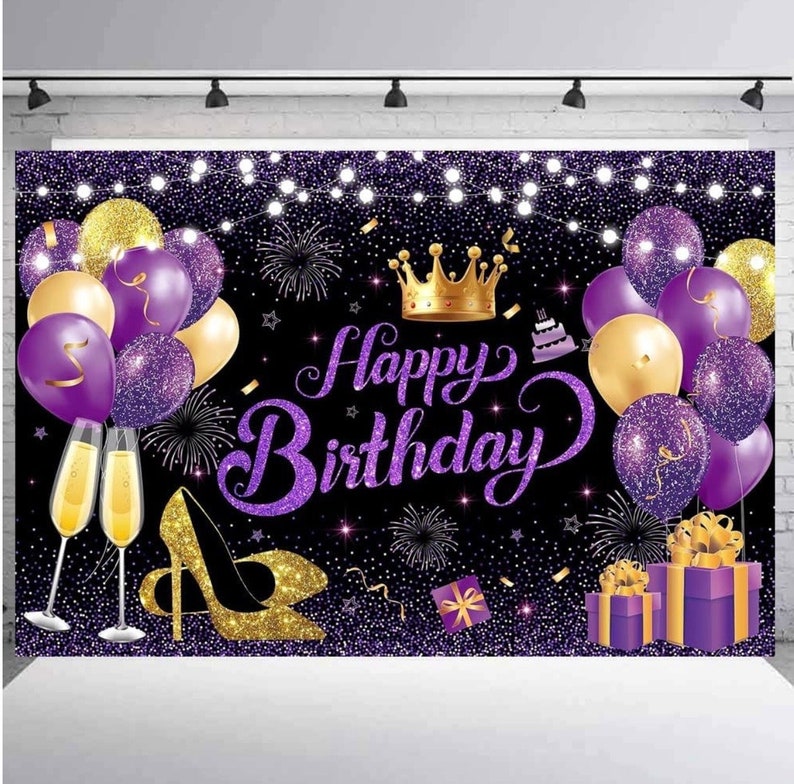 180x120 cm Glitter Purple Golden Happy Birthday Party Backdrops Cloth 71x47 inch Photography Bday Backgrounds Black Purple Gold Happy Bday