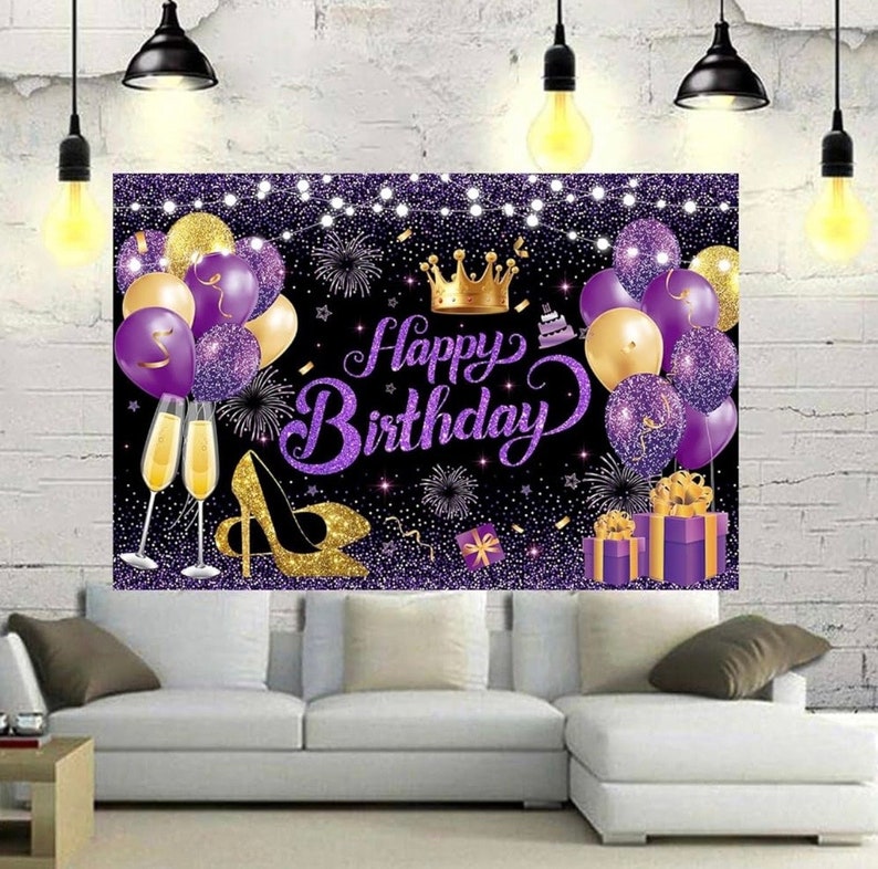 180x120 cm Glitter Purple Golden Happy Birthday Party Backdrops Cloth 71x47 inch Photography Bday Backgrounds Black Purple Gold Happy Bday