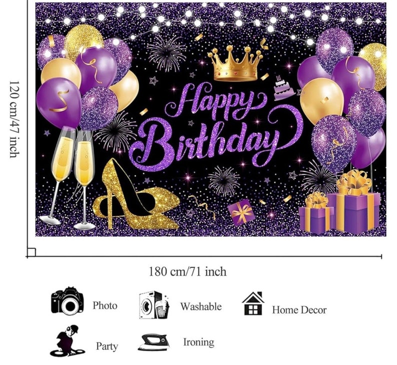 180x120 cm Glitter Purple Golden Happy Birthday Party Backdrops Cloth 71x47 inch Photography Bday Backgrounds Black Purple Gold Happy Bday