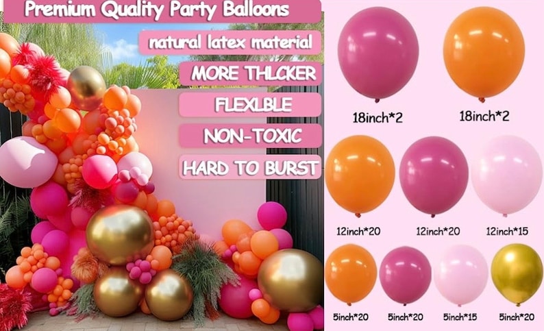 Hot Pink Orange Balloon Garland Matte Orange Pink Gold Metallic Balloons Light Pink Gold Balloon Arch Kit forTropical Luau Wildflower Party