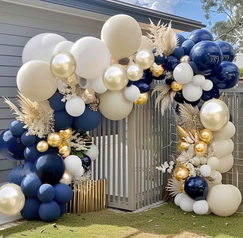 Navy Blue White Balloons Double Stuffed Balloons 18/12/10/5 inch Royal Blue Gold Pearl White Sand Dark Blue Cream Balloon Arch Garland Kit