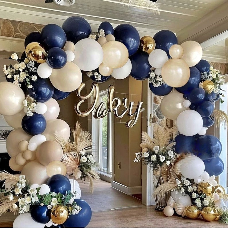 Navy Blue White Balloons Double Stuffed Balloons 18/12/10/5 inch Royal Blue Gold Pearl White Sand Dark Blue Cream Balloon Arch Garland Kit