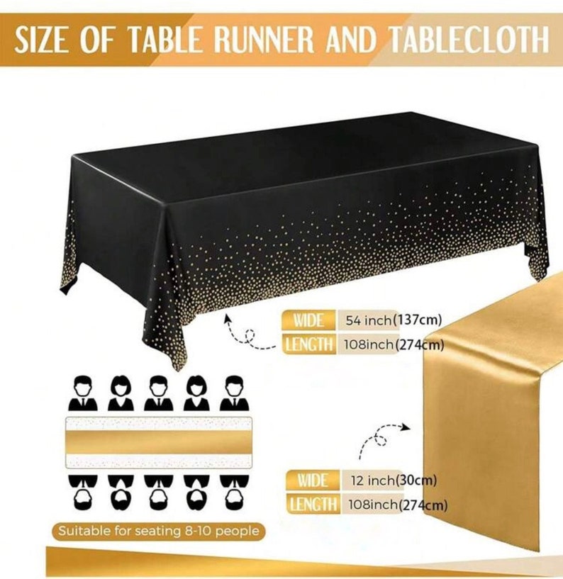 Black and Gold Tablecloths and Satin Table Runner Set, Table Cover Dining Plastic Table Cloths