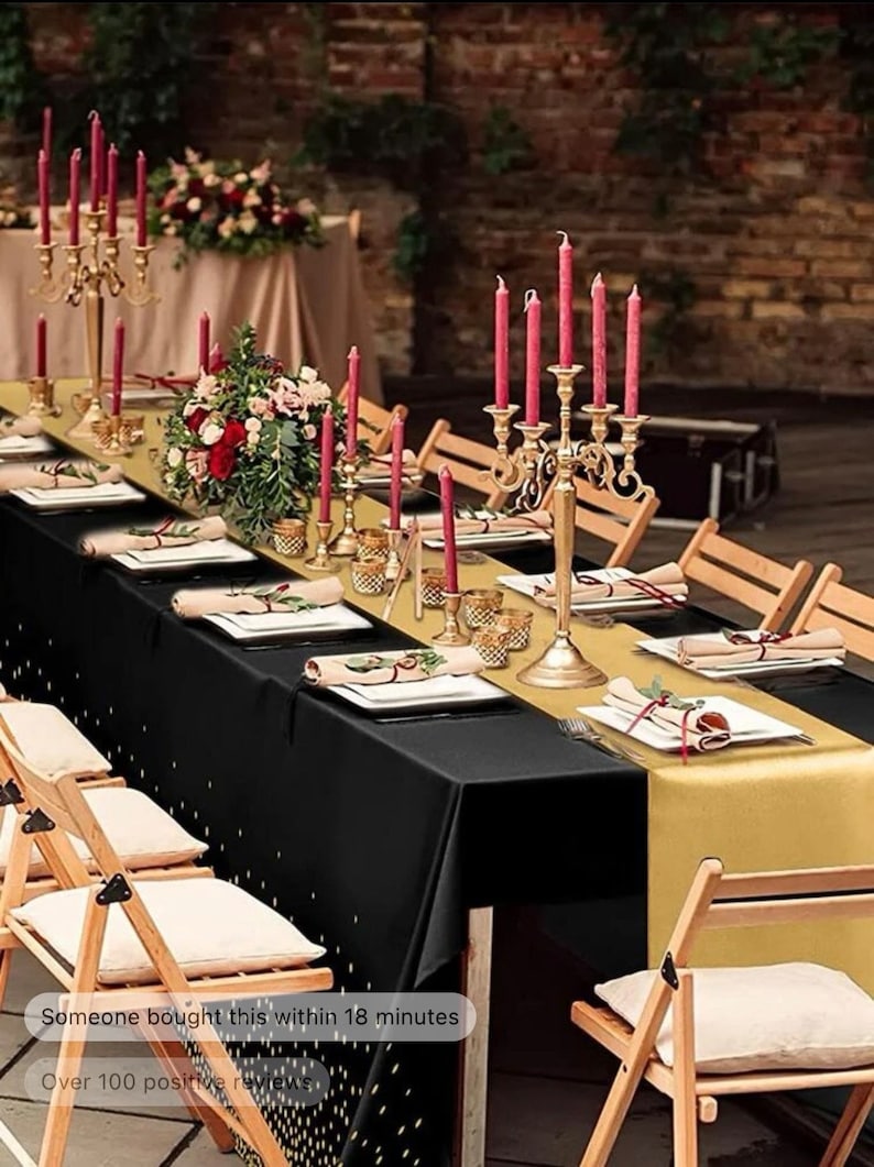 Black and Gold Tablecloths and Satin Table Runner Set, Table Cover Dining Plastic Table Cloths