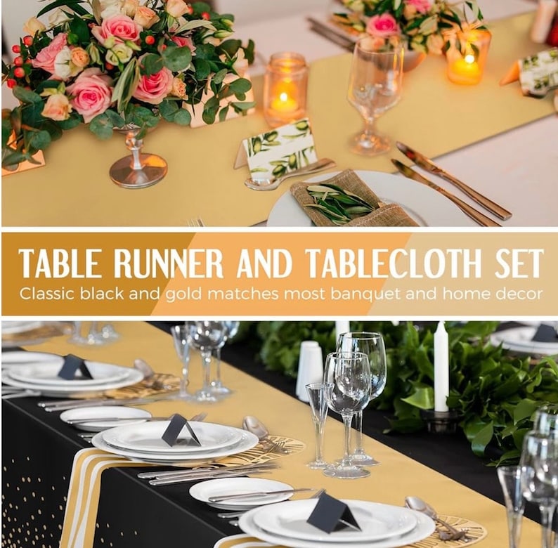 Black and Gold Tablecloths and Satin Table Runner Set, Table Cover Dining Plastic Table Cloths