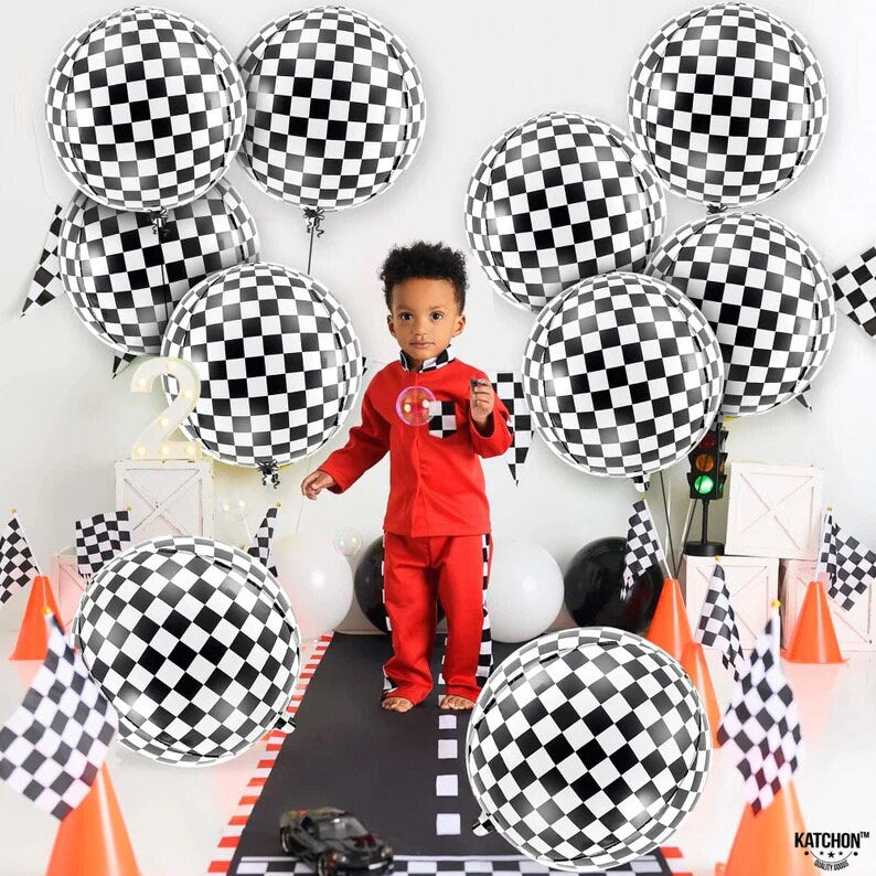 Black and White Checkered Balloons - 22 Inch, Pack of 12 | 4D Sphere Race Car Balloons