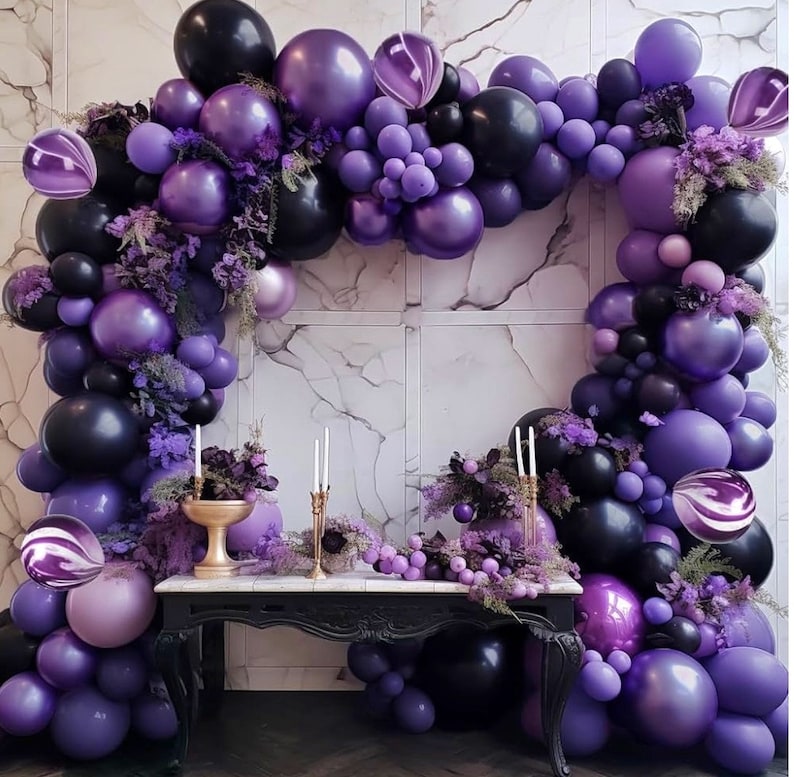 Black Purple Balloon Garland Double Stuffed Dark Purple Black Balloon Different Size Purple Marble Balloons Arch Kit for Birthday Graduation