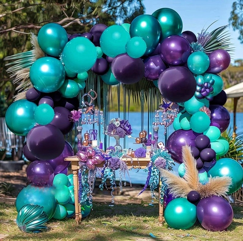 Purple Teal Balloon Garland Double Stuffed Dark Purple Blue Turquoise Green Metallic Latex Balloons Lavender Lilac Mermaid Balloon Arch Kit