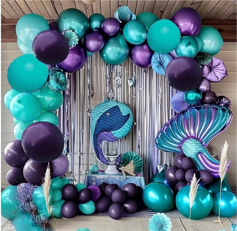 Purple Teal Balloon Garland Double Stuffed Dark Purple Blue Turquoise Green Metallic Latex Balloons Lavender Lilac Mermaid Balloon Arch Kit