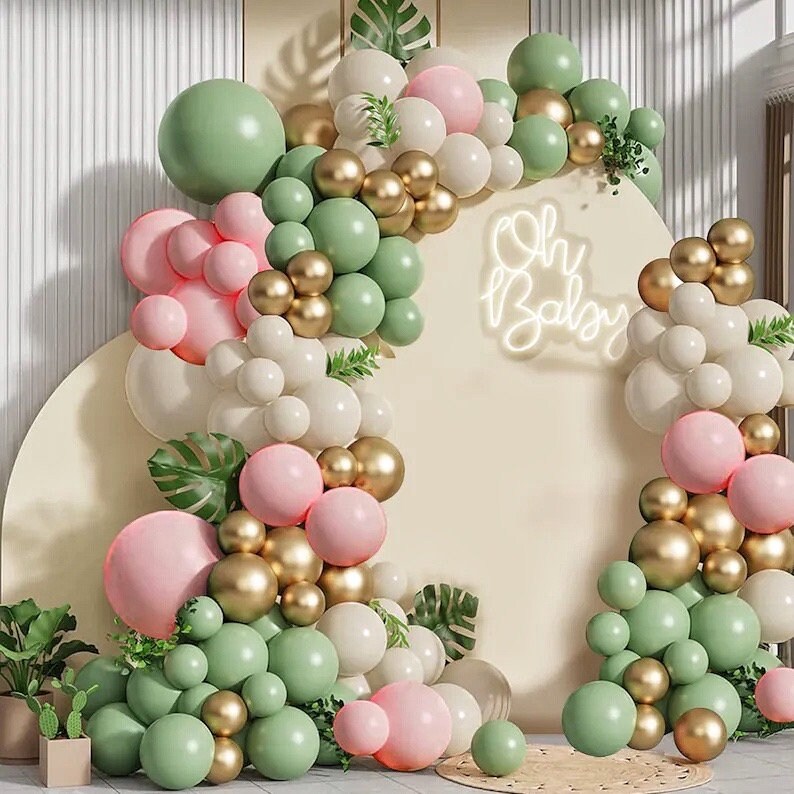 Sage Green Pink Balloons Garland Kit,133pcs Olive Green Blush Pink Sand White Metallic Gold Balloons