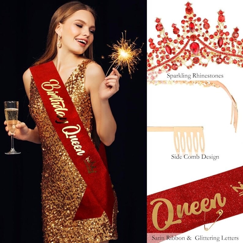 Red Tiara Crown Birthday Queen Sash Tiaras and Crowns for Women Girls Crystal Princess Tiara Rhinestone Headbands Crown Headpieces