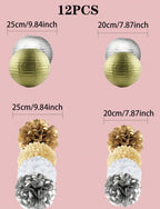 Silver Gold Party Decorations Streamers 12pcs Birthday , Baby Shower Wedding Engagement Paper Lanterns Fan,Tissue Pom Poms,Party Decorations