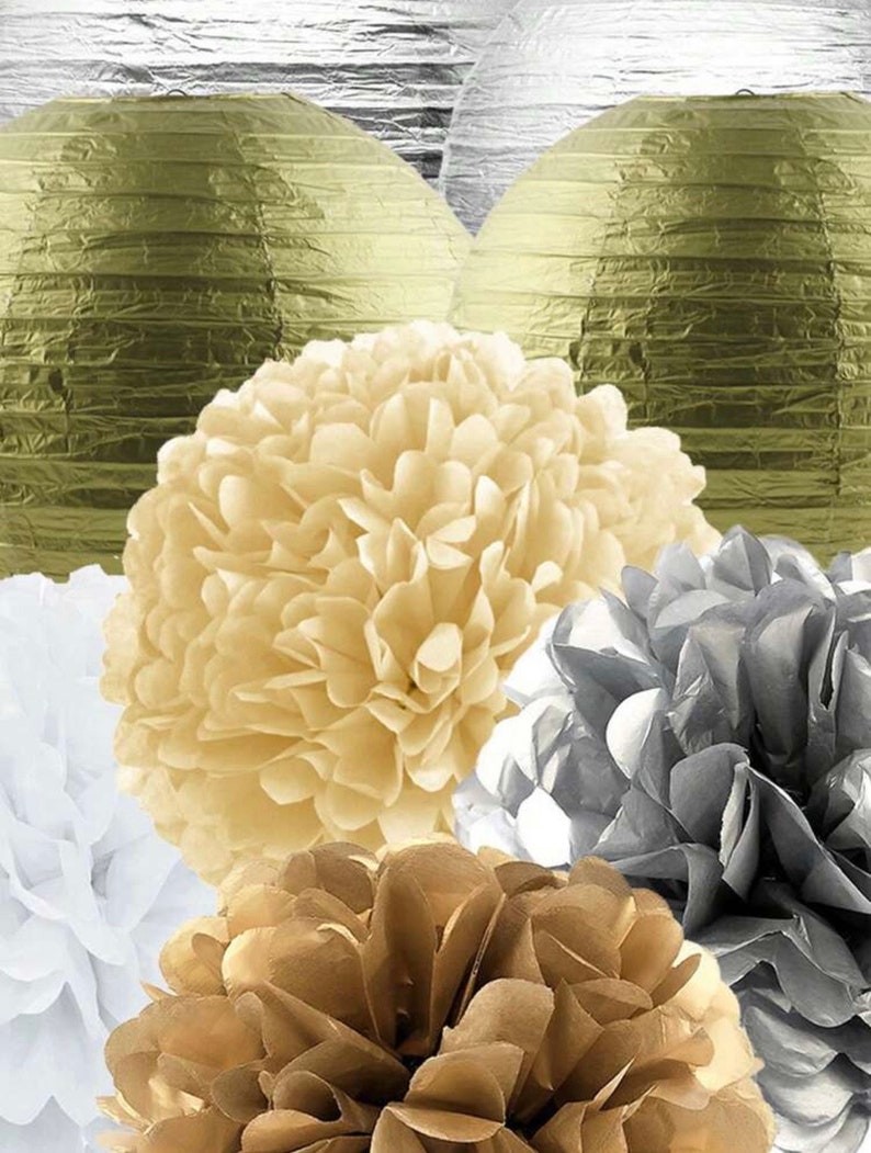 Silver Gold Party Decorations Streamers 12pcs Birthday , Baby Shower Wedding Engagement Paper Lanterns Fan,Tissue Pom Poms,Party Decorations