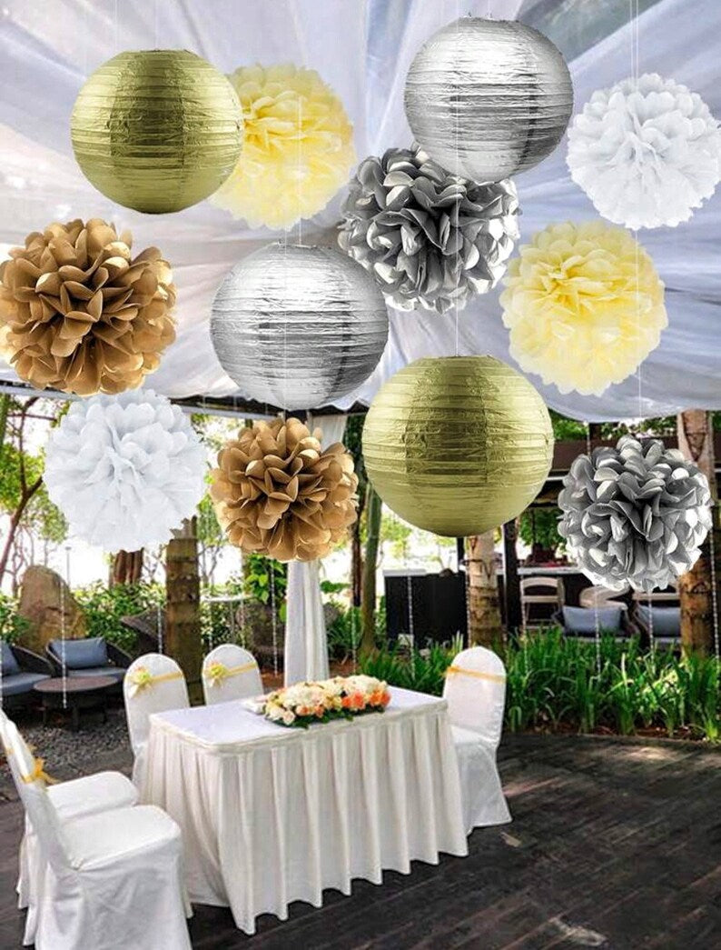 Silver Gold Party Decorations Streamers 12pcs Birthday , Baby Shower Wedding Engagement Paper Lanterns Fan,Tissue Pom Poms,Party Decorations