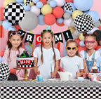 Race Balloon Garland Arch Kit Pastel Coral Gray Yellow Baby Blue Black White Balloons with Checkered Foil Balloons Tablecloth Flag Banner