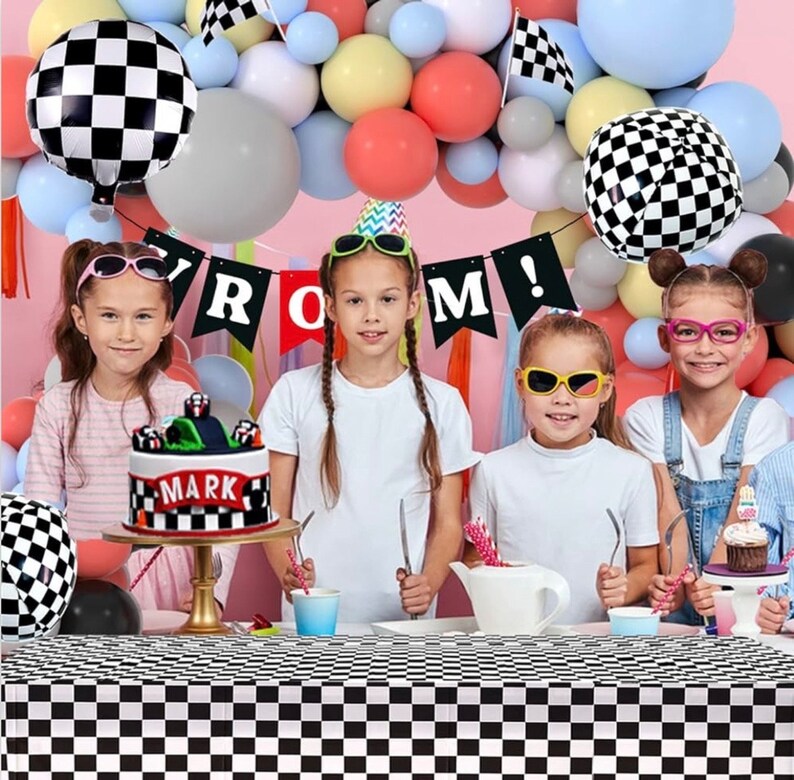 Race Balloon Garland Arch Kit Pastel Coral Gray Yellow Baby Blue Black White Balloons with Checkered Foil Balloons Tablecloth Flag Banner